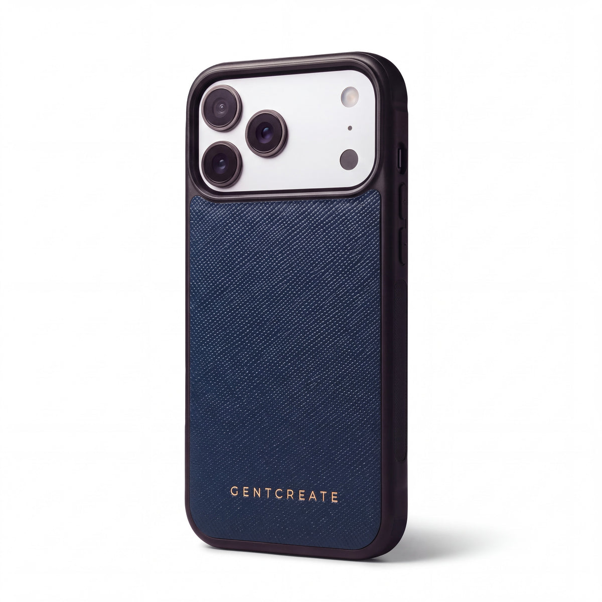 Navy Saffiano cross-hatch calfskin iPhone 18 Pro case by GENTCREATE standing on white, its camera window in view