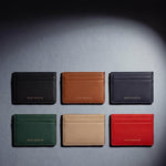 Pebble leather card holder by GENTCREATE in black, brown, navy, green, beige and red, laid flat