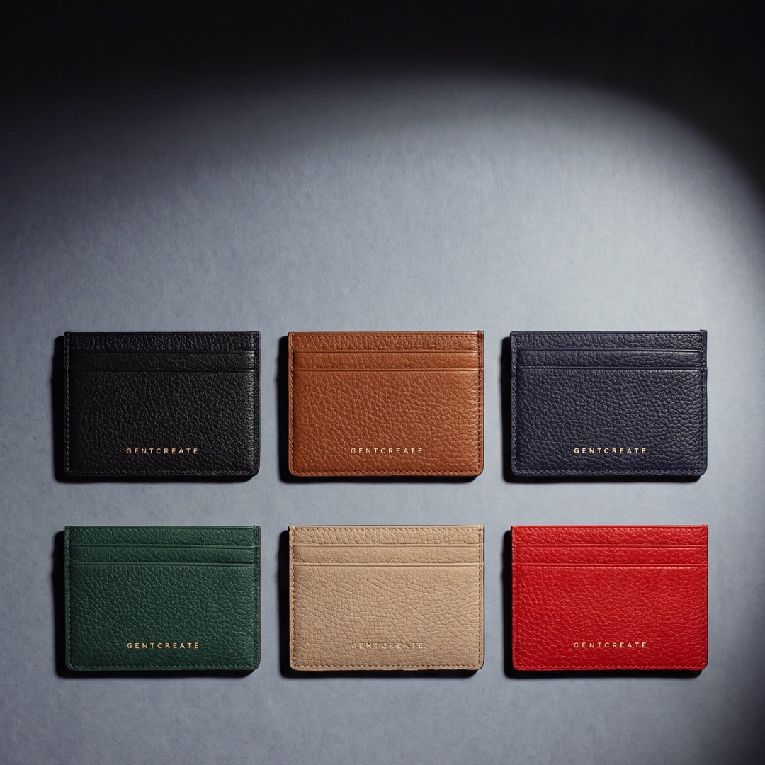 Six pebble-grain GENTCREATE card holders laid flat: black, tan, navy, green, beige and red