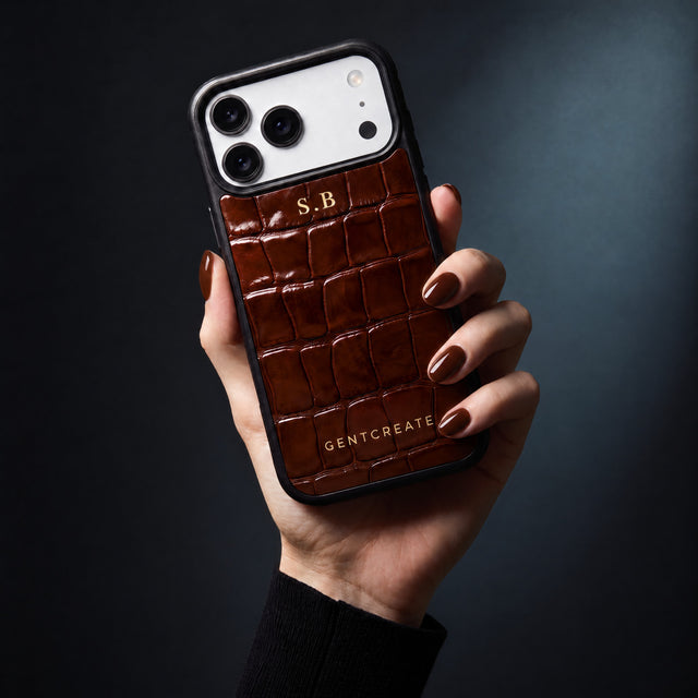 يد امرأة تمسك جرابًا بنيًا لهاتف iPhone 18 Pro Max بنقش التمساح البارز من GENTCREATE يحمل الحرفين الأولين S.B بختم حراري ذهبي