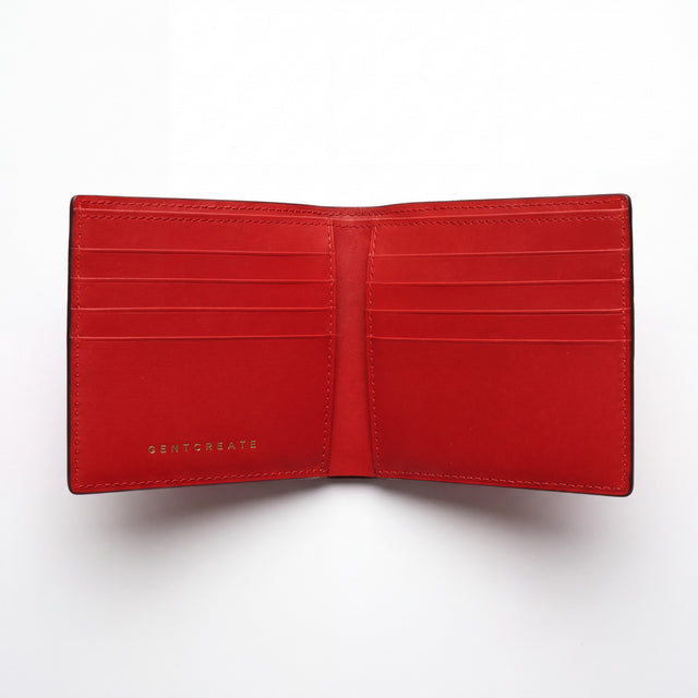Open red lizard-embossed leather bifold wallet by GENTCREATE showing the card slots, on white