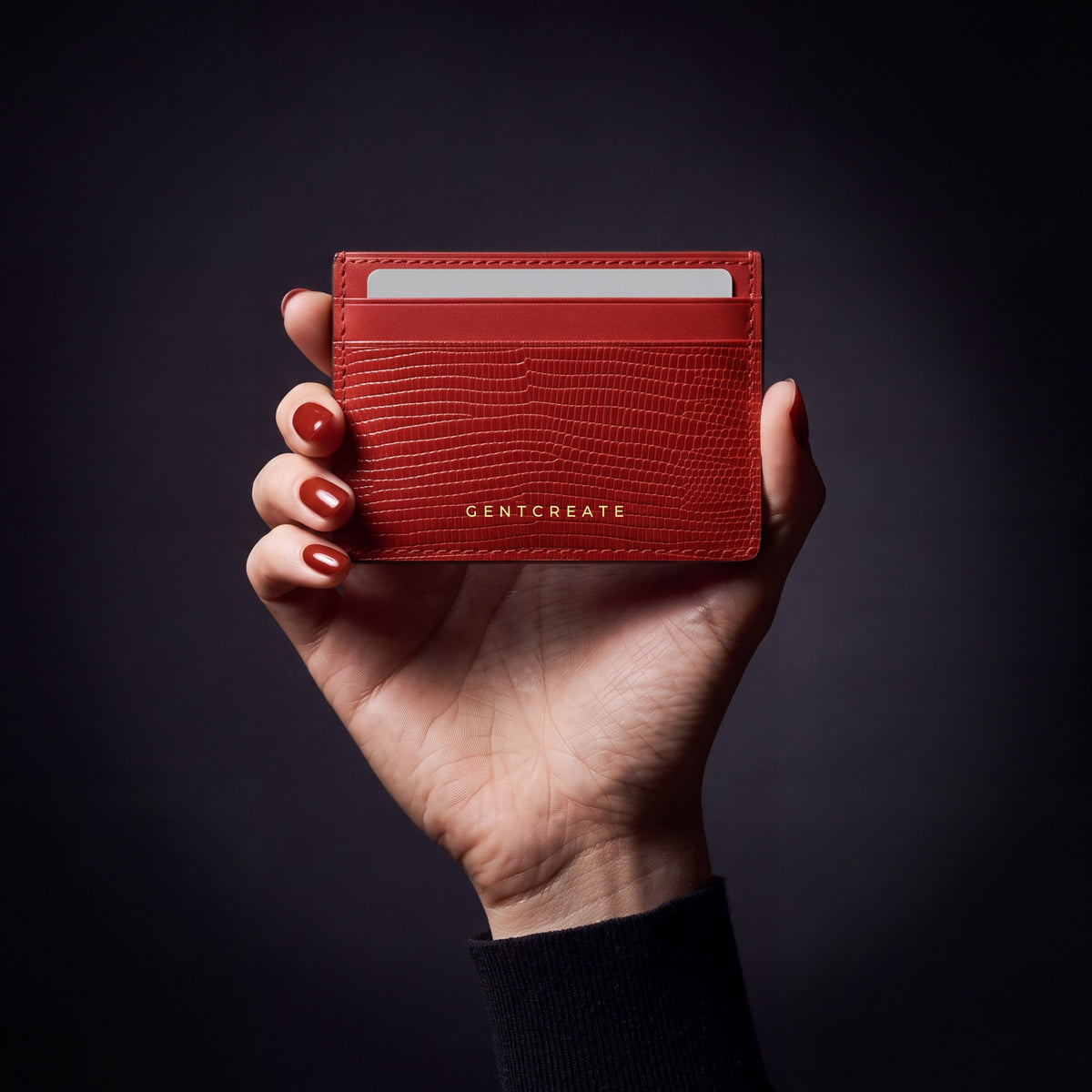 Woman's hand holding a red lizard-embossed leather business card holder by GENTCREATE in a dark studio