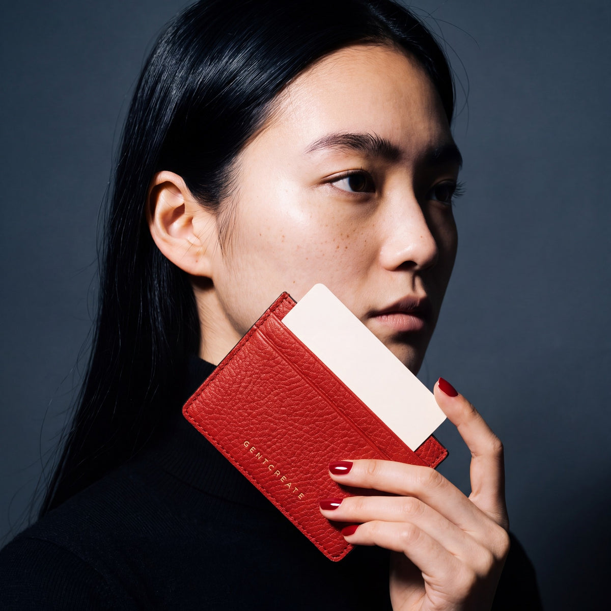 Woman holding a slim red pebble leather card holder by GENTCREATE and drawing out a card