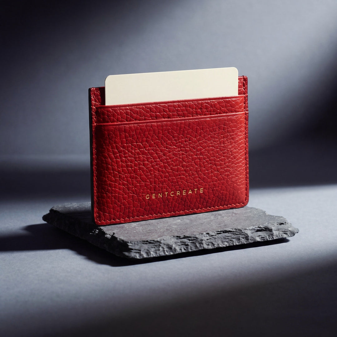 A red pebble-grain GENTCREATE card holder standing on a slab of slate