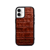 Brown crocodile-patterned phone case with 'GENTCREATE' branding on a white background