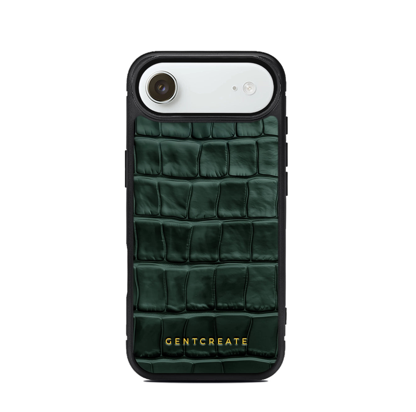 Green iPhone 17 Air textured phone case with 'GENTCREATE' branding on a white background