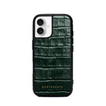 Green crocodile-patterned phone case with 'GENTCREATE' branding on a white background