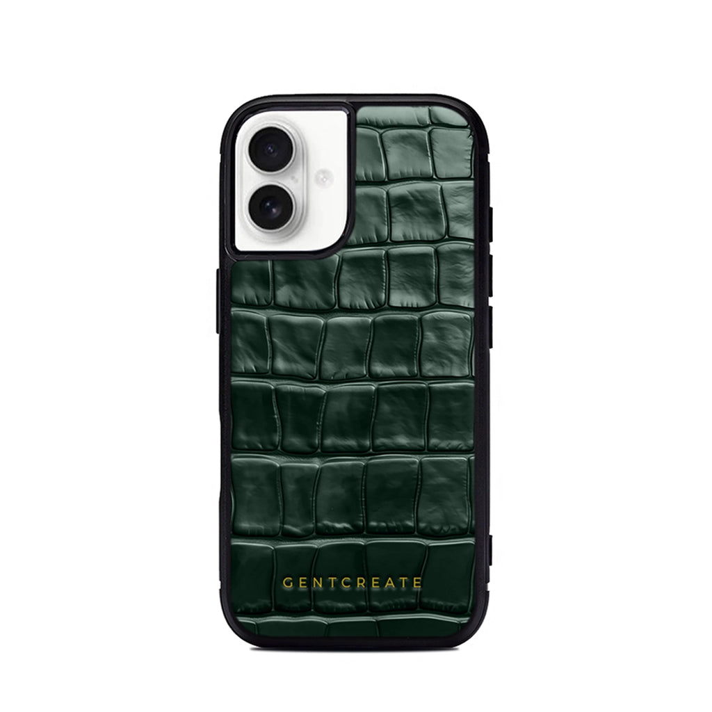 Green crocodile-patterned phone case with 'GENTCREATE' branding on a white background