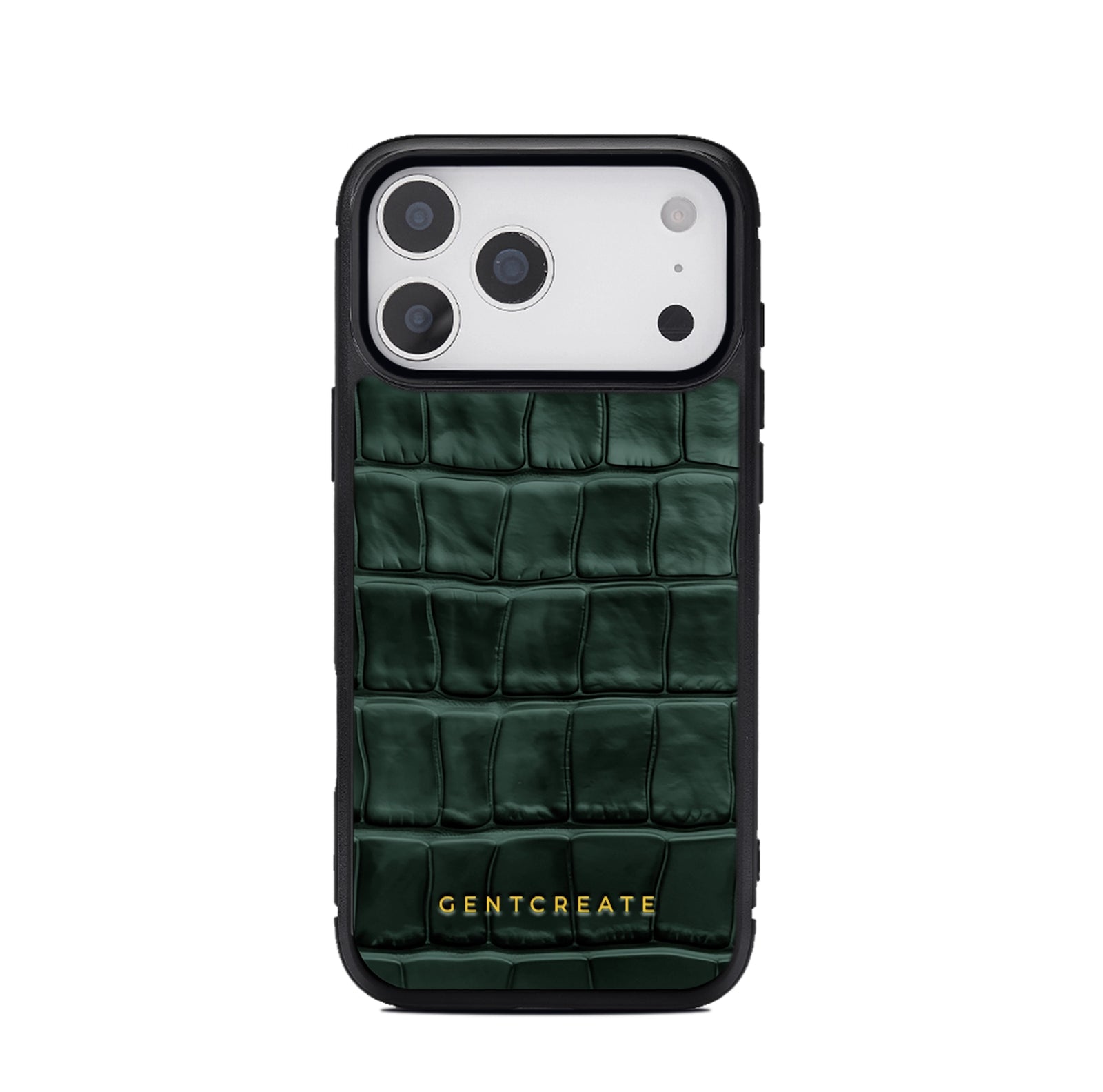 Green 17 pro crocodile-patterned phone case with 'GENTCREATE' branding on a white background