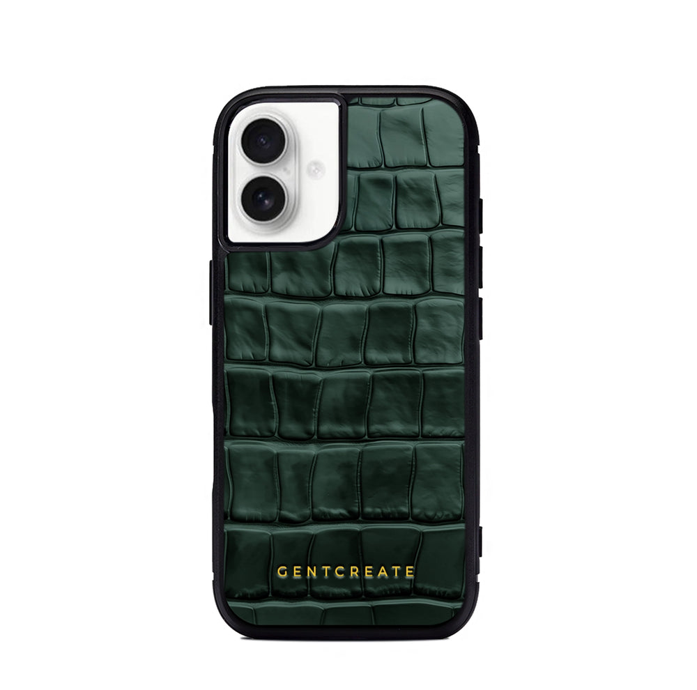 Green textured phone case with 'GENTCREATE' branding on a white background