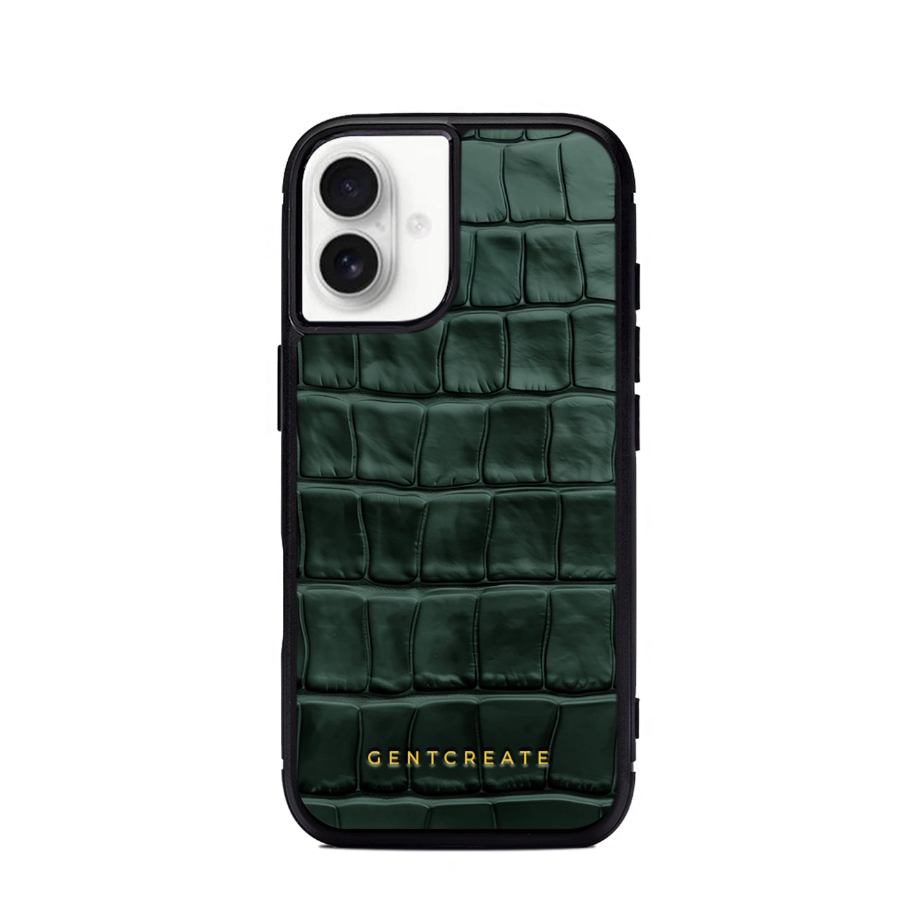Green textured phone case with 'GENTCREATE' branding on a white background