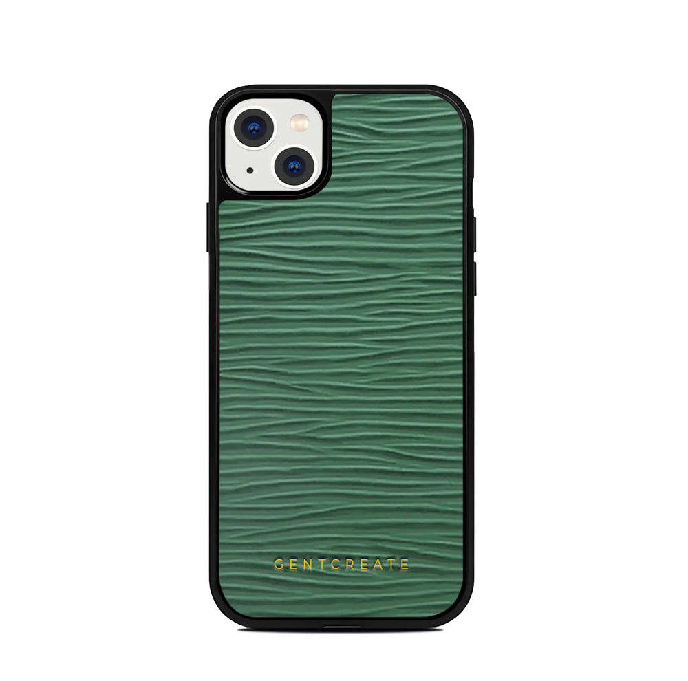 绿色皮革iPhone 15手机壳 波浪图案
