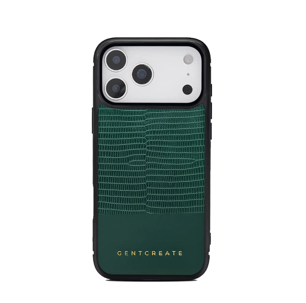 Green phone case with textured pattern and 'GENTCREATE' branding on a white background
