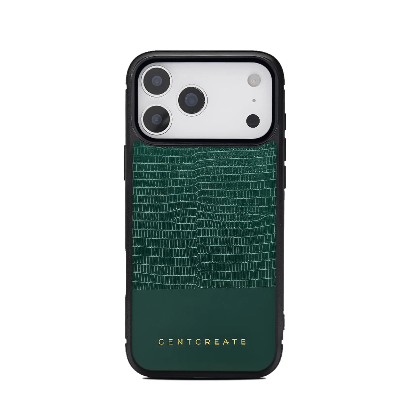 Green phone case with textured pattern and 'GENTCREATE' branding on a white background