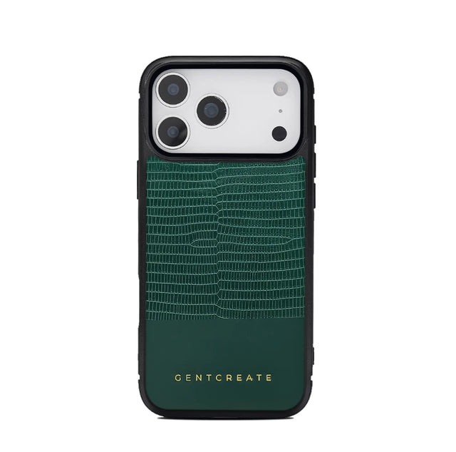 Green phone case with textured pattern and 'GENTCREATE' branding on a white background