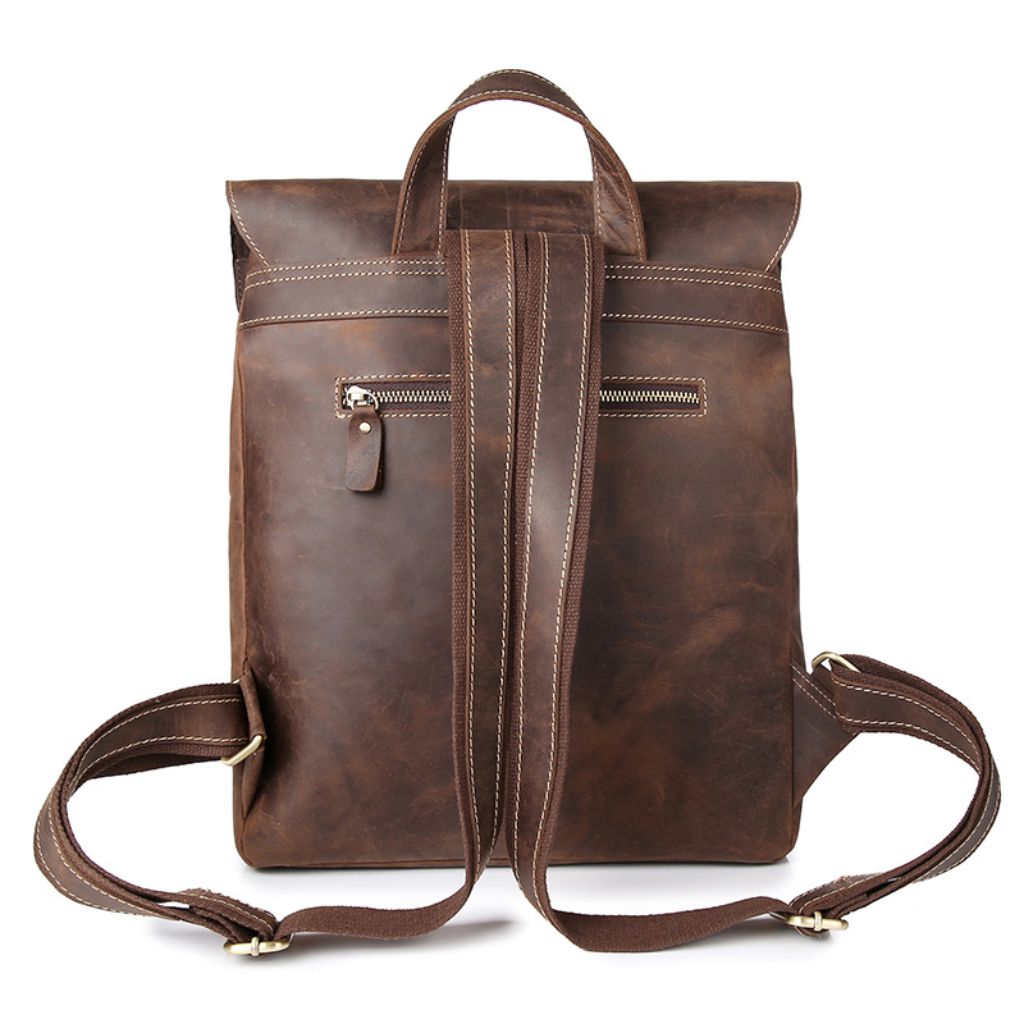 Back side of a brown leather backpack with a zipper
