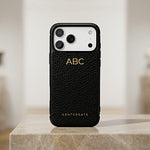 Handmade personalized custom initials monogram gold foil pebble leather iPhone 17 Pro Max Case by GENTCREATE