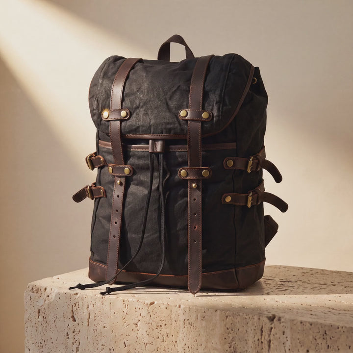 argyle boy vintage canvas rucksack backpack with leather straps Black Retro Esme Brass Hardware by GENTCREATE – Waxed Video © GENTCREATE this Retro Backpack Esme is also quite functional Official Trail Camper Backpack |