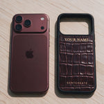 Made to match your Burgundy iPhone 18: crocodile-embossed leather iPhone case in burgundy by GENTCREATE, your name in gold