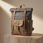 Grey Retro Vintage Canvas Backpack Antiqua with Tan Leather Straps by GENTCREATE – Video © GENTCREATE