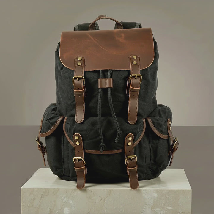 Black Waterproof Retro Backpack with Leather Trim by GENTCREATE – Vintage Rucksack Video © GENTCREATE