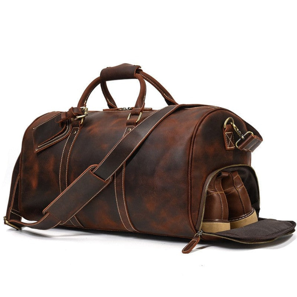"dark brown leather duffle bag with zip opening for shoes