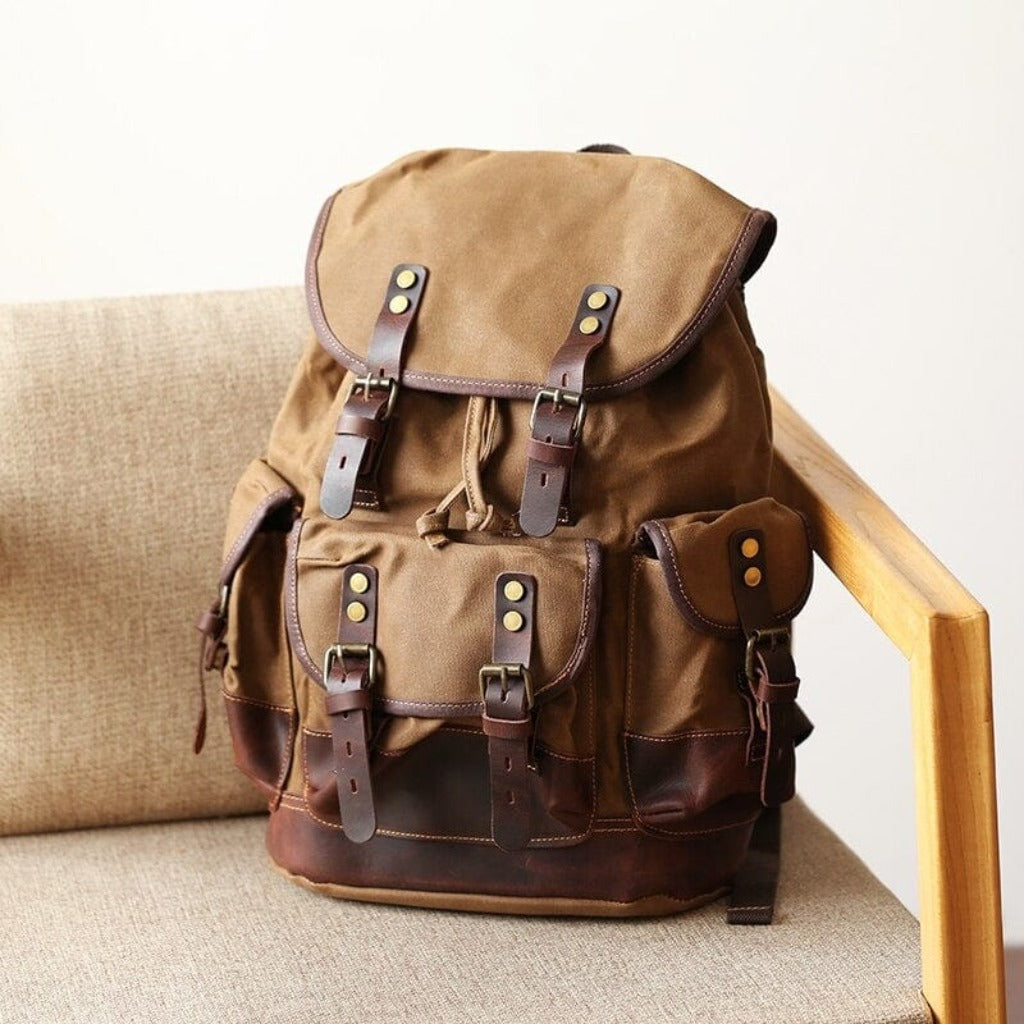 canvas backpack leather accents Waterproof Canvas Backpack, Gray