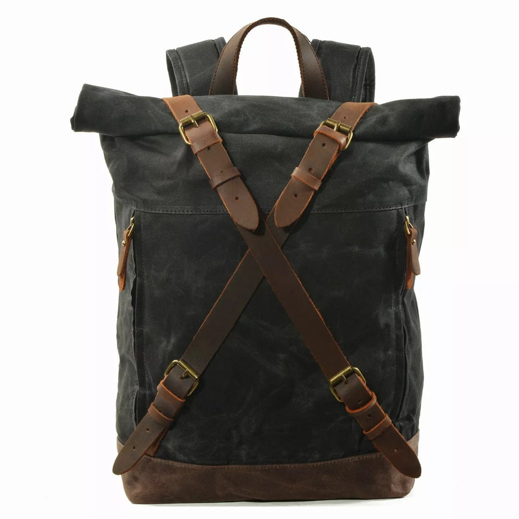 Mens Backpack Waxed Canvas & Leather Roll Top Brown Wax 