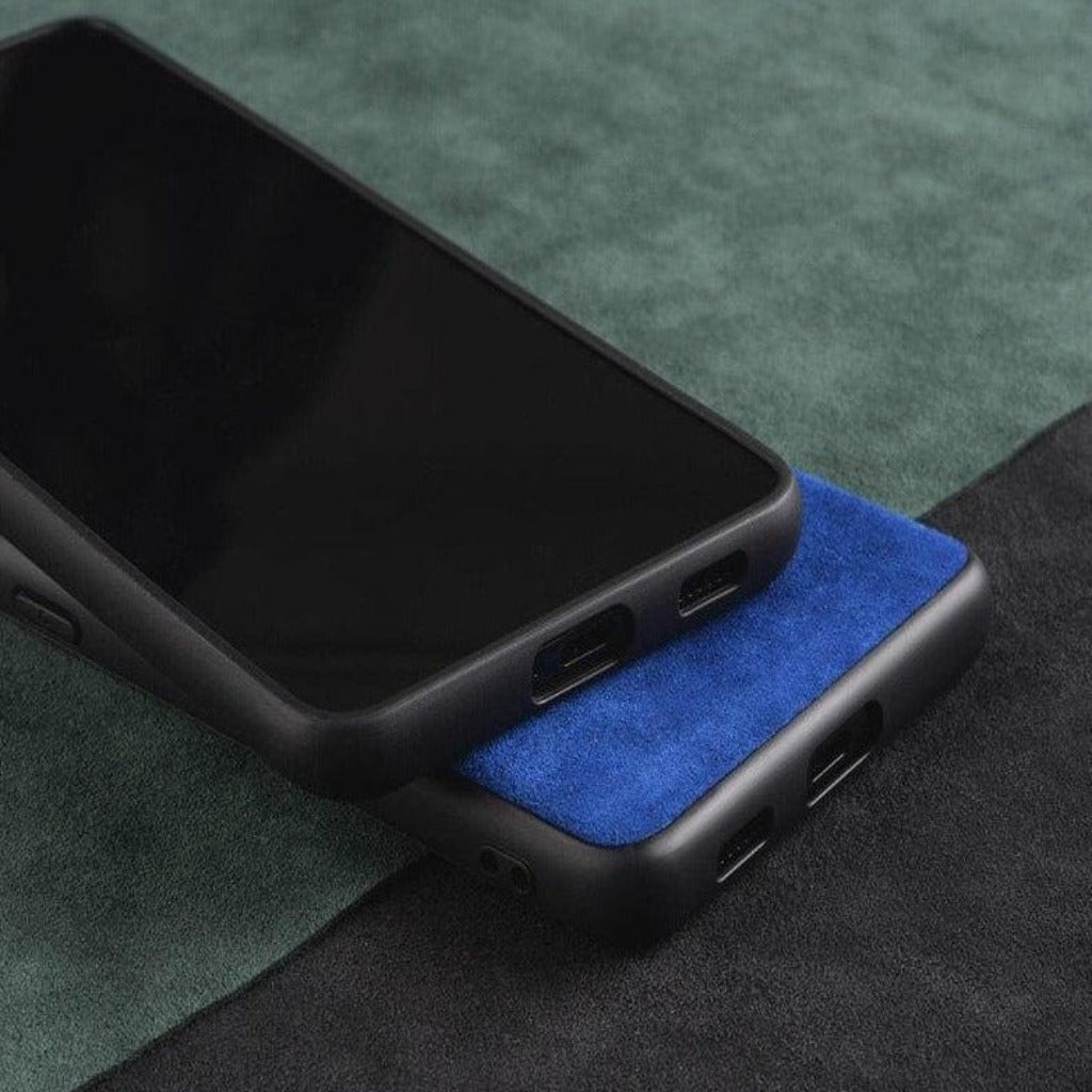 Two Alcantara Samsung cases - one blue and one other color.