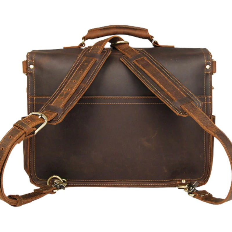 Back side of a premium brown leather messenger bag