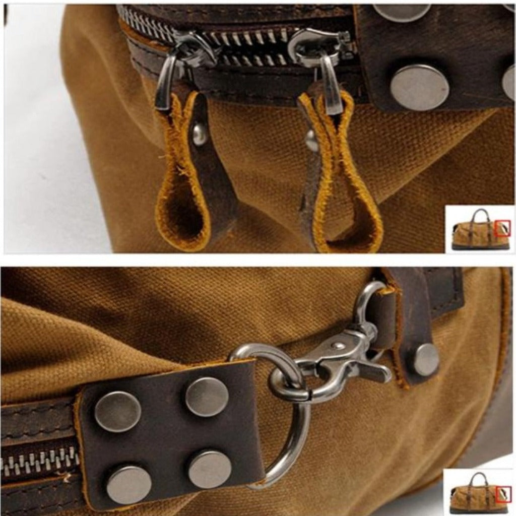 Nahaufnahme des Lederreißverschlusses der Weekender Vintage Tasche