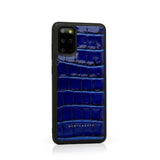 Dark Blue Glossy Samsung Leather Case placed vertically in the picture.