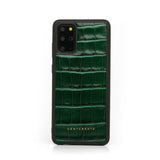Green  Glossy Samsung Leather Case placed vertically in the picture.