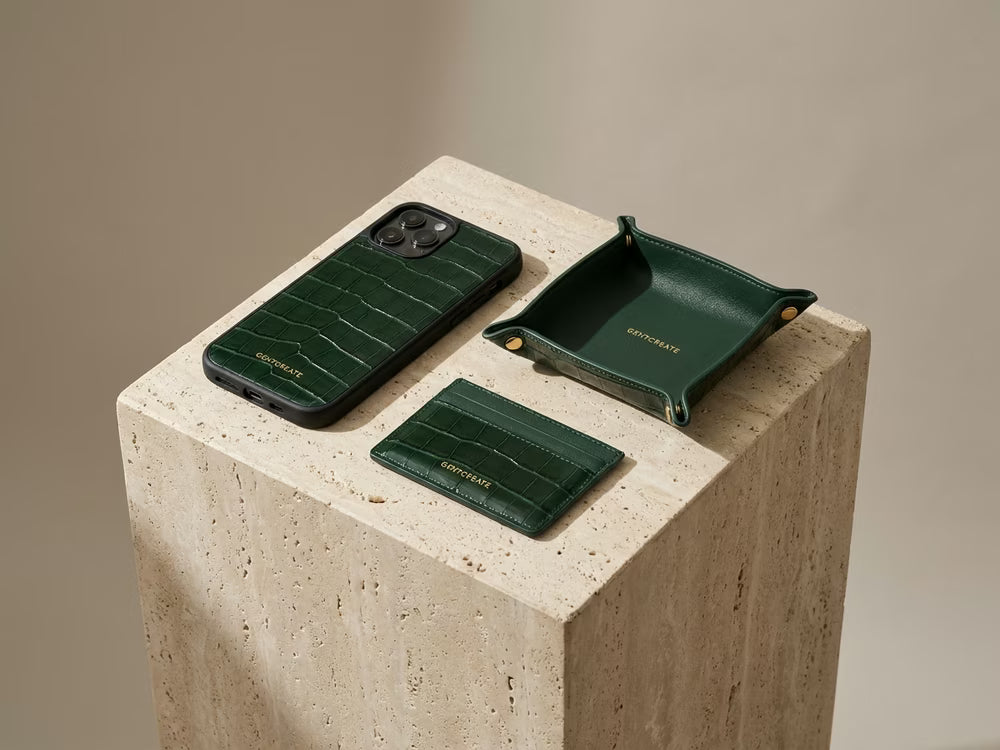 Auto dealership leather welcome set in green crocodile finish
