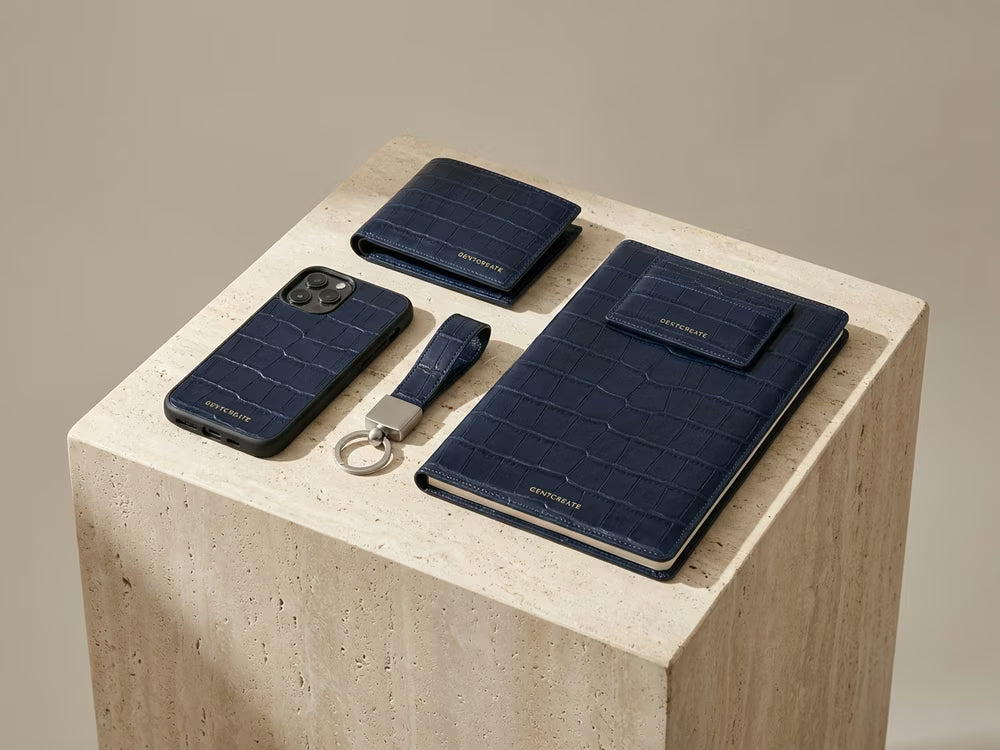 Executive leather gift set with five pieces in navy crocodile