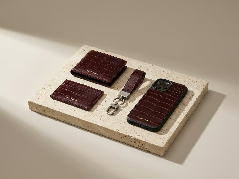 Heritage corporate gift set, four pieces in oxblood crocodile leather
