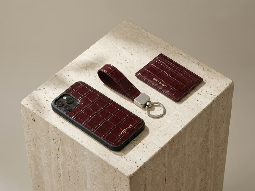 Employee onboarding leather gift trio in oxblood crocodile finish